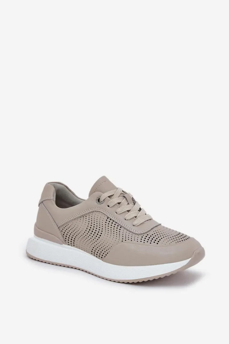 Skórzane Buty Sportowe Sneakersy Damskie S.Barski LR51-551 Beżowe Damskie Buty Sportowe Na Platformie|Sneakersy Damskie