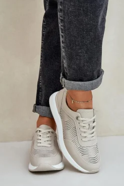 Skórzane Buty Sportowe Sneakersy Damskie S.Barski LR51-551 Beżowe Damskie Buty Sportowe Na Platformie|Sneakersy Damskie