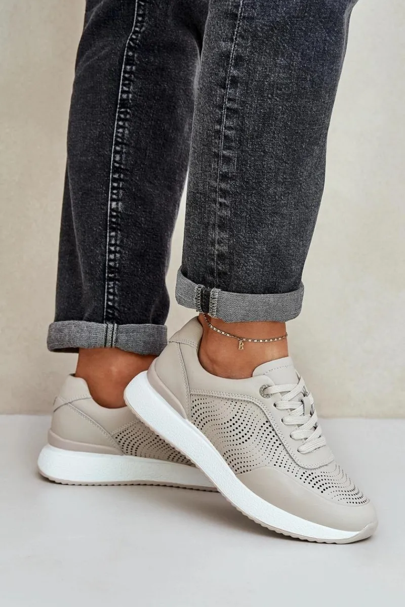 Skórzane Buty Sportowe Sneakersy Damskie S.Barski LR51-551 Beżowe Damskie Buty Sportowe Na Platformie|Sneakersy Damskie