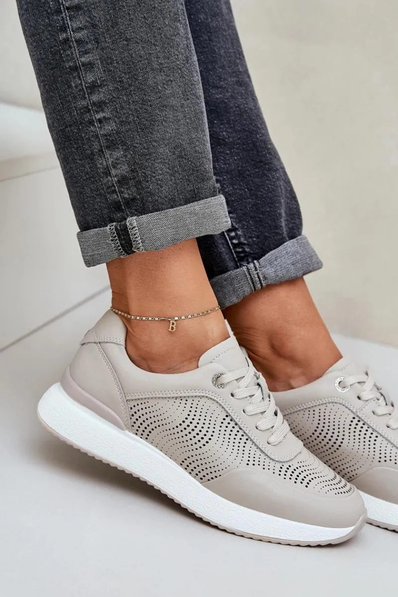 Skórzane Buty Sportowe Sneakersy Damskie S.Barski LR51-551 Beżowe Damskie Buty Sportowe Na Platformie|Sneakersy Damskie