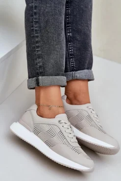 Skórzane Buty Sportowe Sneakersy Damskie S.Barski LR51-551 Beżowe Damskie Buty Sportowe Na Platformie|Sneakersy Damskie