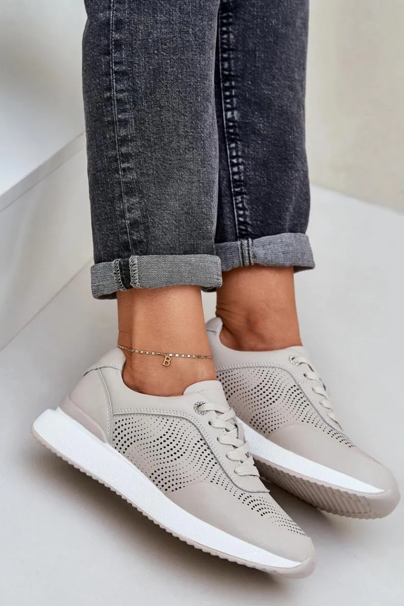 Skórzane Buty Sportowe Sneakersy Damskie S.Barski LR51-551 Beżowe Damskie Buty Sportowe Na Platformie|Sneakersy Damskie