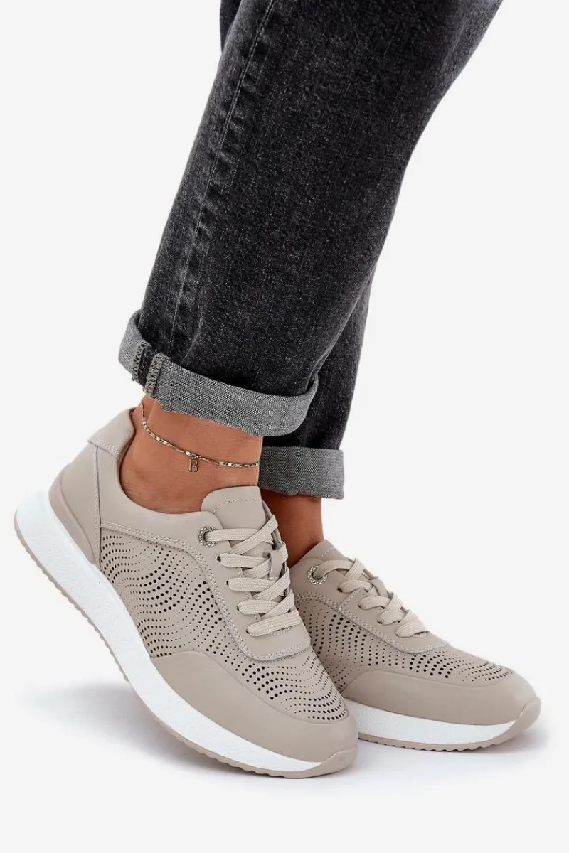 Skórzane Buty Sportowe Sneakersy Damskie S.Barski LR51-551 Beżowe Damskie Buty Sportowe Na Platformie|Sneakersy Damskie