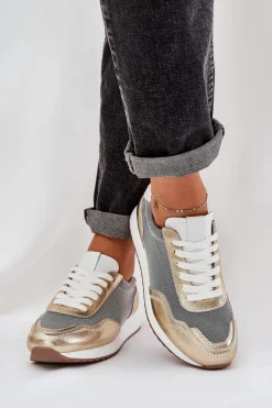 Clearance Damskie buty S.Barski Skórzane Buty Sportowe Sneakersy Damskie D&A LR51-847 Złote