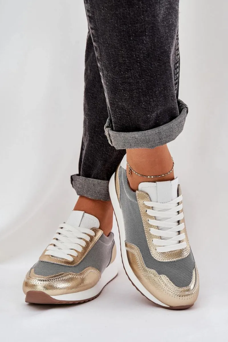 Clearance Damskie buty S.Barski Skórzane Buty Sportowe Sneakersy Damskie D&A LR51-847 Złote