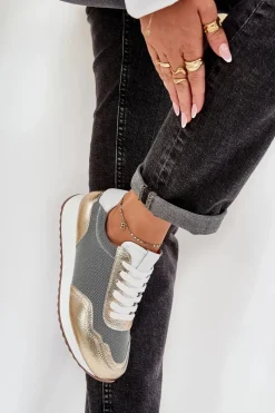 Clearance Damskie buty S.Barski Skórzane Buty Sportowe Sneakersy Damskie D&A LR51-847 Złote