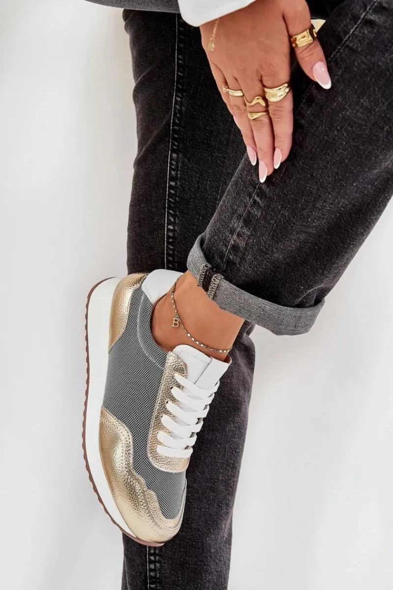 Clearance Damskie buty S.Barski Skórzane Buty Sportowe Sneakersy Damskie D&A LR51-847 Złote