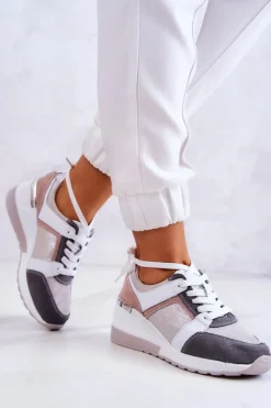 Discount Skórzane Buty Sportowe Sneakersy Na Koturnie Srebrno-Szare Elissa Damskie Sneakersy Damskie