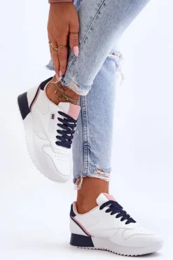 New Skórzane Buty Sportowe Sznurowane Na Platformie Biało-Granatowe Merida Damskie Buty Sportowe Na Platformie|Sneakersy Damskie