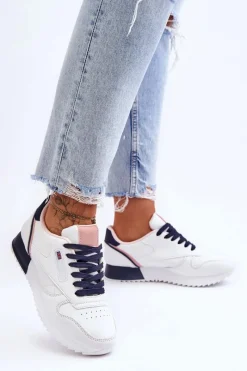 New Skórzane Buty Sportowe Sznurowane Na Platformie Biało-Granatowe Merida Damskie Buty Sportowe Na Platformie|Sneakersy Damskie