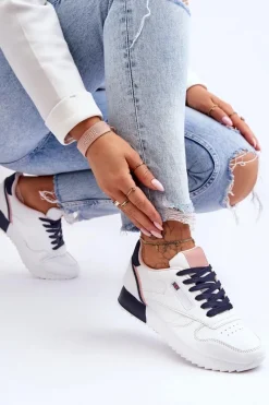 New Skórzane Buty Sportowe Sznurowane Na Platformie Biało-Granatowe Merida Damskie Buty Sportowe Na Platformie|Sneakersy Damskie