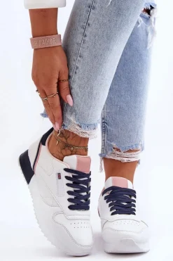 New Skórzane Buty Sportowe Sznurowane Na Platformie Biało-Granatowe Merida Damskie Buty Sportowe Na Platformie|Sneakersy Damskie