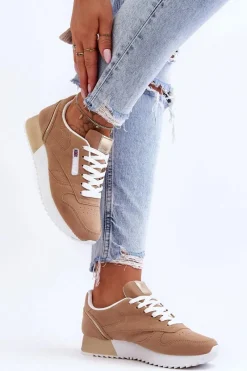 Skórzane Buty Sportowe Sznurowane Na Platformie Beżowe Merida Damskie Buty Sportowe Na Platformie|Sneakersy Damskie