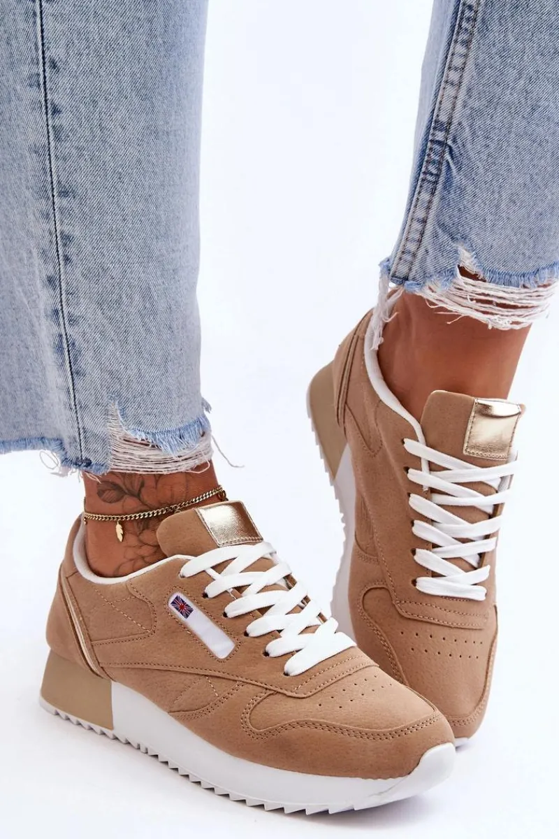 Skórzane Buty Sportowe Sznurowane Na Platformie Beżowe Merida Damskie Buty Sportowe Na Platformie|Sneakersy Damskie