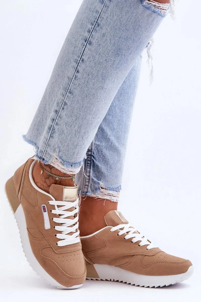 Skórzane Buty Sportowe Sznurowane Na Platformie Beżowe Merida Damskie Buty Sportowe Na Platformie|Sneakersy Damskie