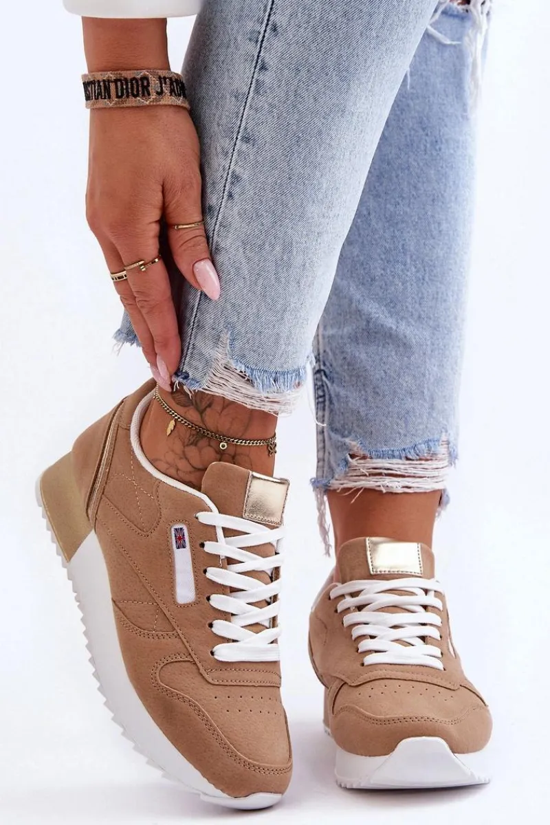Skórzane Buty Sportowe Sznurowane Na Platformie Beżowe Merida Damskie Buty Sportowe Na Platformie|Sneakersy Damskie
