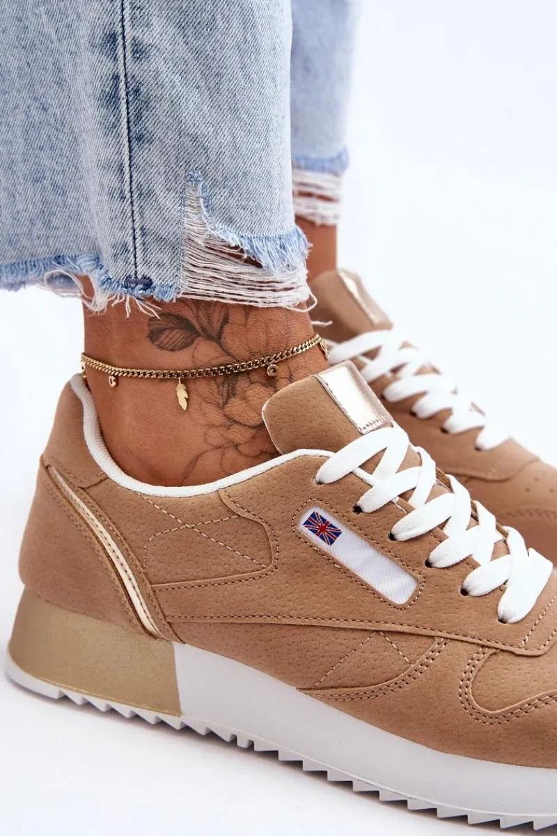 Skórzane Buty Sportowe Sznurowane Na Platformie Beżowe Merida Damskie Buty Sportowe Na Platformie|Sneakersy Damskie