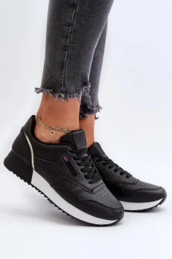 Buty Sportowe Na Platformie|Sneakersy Damskie>Boto Skórzane Buty Sportowe Sznurowane Na Platformie Czarne Merida