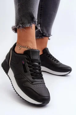 Buty Sportowe Na Platformie|Sneakersy Damskie></noscript>Boto Skórzane Buty Sportowe Sznurowane Na Platformie Czarne Merida