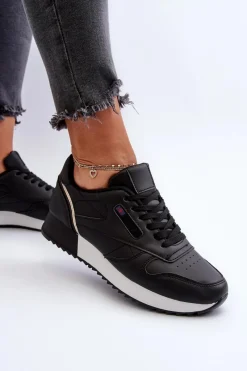 Buty Sportowe Na Platformie|Sneakersy Damskie></noscript>Boto Skórzane Buty Sportowe Sznurowane Na Platformie Czarne Merida
