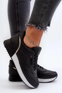 Buty Sportowe Na Platformie|Sneakersy Damskie></noscript>Boto Skórzane Buty Sportowe Sznurowane Na Platformie Czarne Merida