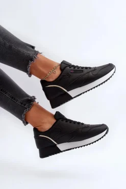 Buty Sportowe Na Platformie|Sneakersy Damskie></noscript>Boto Skórzane Buty Sportowe Sznurowane Na Platformie Czarne Merida