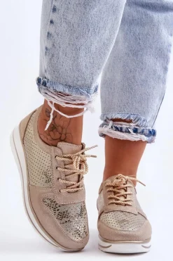 Online Skórzane Buty Sportowe Z Perforacją S.Barski AL22246 Złote Damskie Buty Sportowe Na Platformie|Sneakersy Damskie
