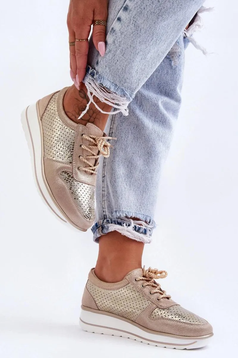 Online Skórzane Buty Sportowe Z Perforacją S.Barski AL22246 Złote Damskie Buty Sportowe Na Platformie|Sneakersy Damskie