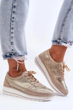 Online Skórzane Buty Sportowe Z Perforacją S.Barski AL22246 Złote Damskie Buty Sportowe Na Platformie|Sneakersy Damskie