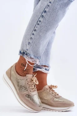Online Skórzane Buty Sportowe Z Perforacją S.Barski AL22246 Złote Damskie Buty Sportowe Na Platformie|Sneakersy Damskie