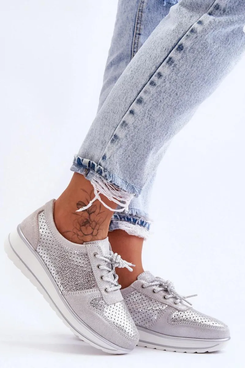 Buty Sportowe Na Platformie|Sneakersy Damskie>Damskie buty S.Barski Skórzane Buty Sportowe Z Perforacją S.Barski AL22246 Srebrne