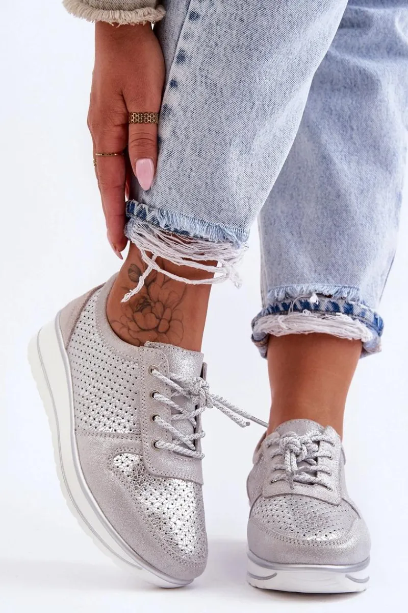 Buty Sportowe Na Platformie|Sneakersy Damskie>Damskie buty S.Barski Skórzane Buty Sportowe Z Perforacją S.Barski AL22246 Srebrne