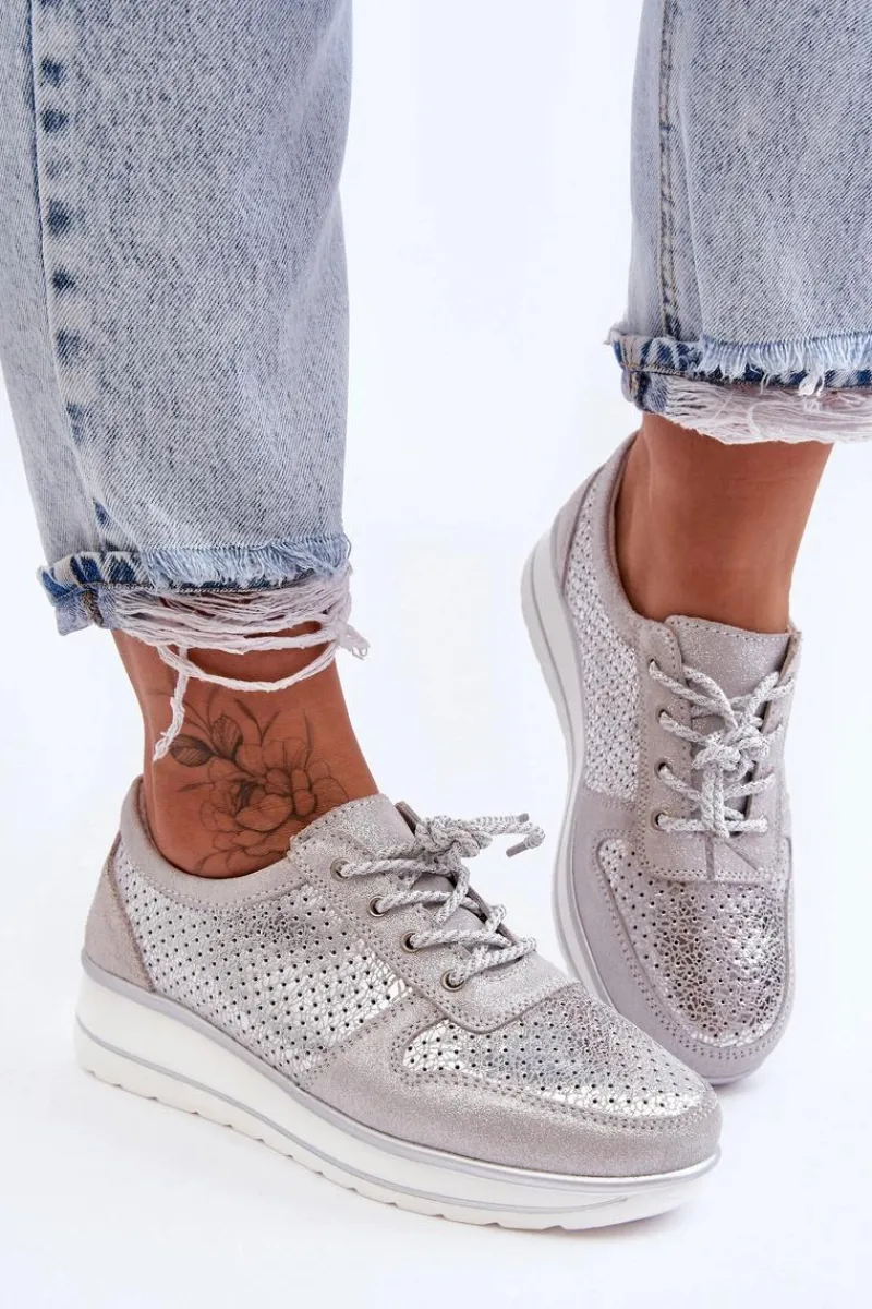 Buty Sportowe Na Platformie|Sneakersy Damskie>Damskie buty S.Barski Skórzane Buty Sportowe Z Perforacją S.Barski AL22246 Srebrne
