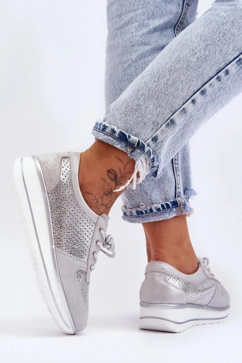 Buty Sportowe Na Platformie|Sneakersy Damskie>Damskie buty S.Barski Skórzane Buty Sportowe Z Perforacją S.Barski AL22246 Srebrne
