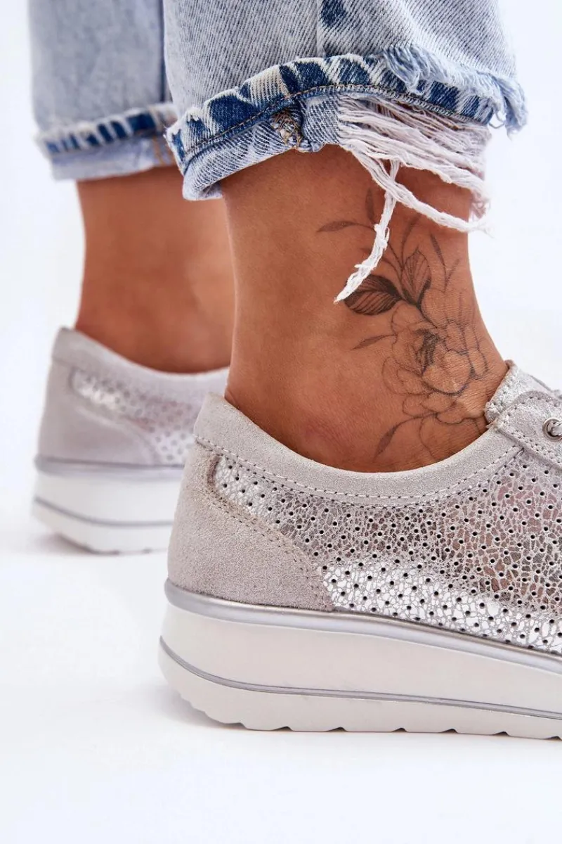 Buty Sportowe Na Platformie|Sneakersy Damskie>Damskie buty S.Barski Skórzane Buty Sportowe Z Perforacją S.Barski AL22246 Srebrne