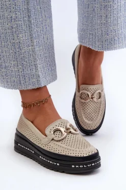 Outlet Damskie buty S.Barski Skórzane Błyszczące Mokasyny Damskie Na Platformie Z Ozdobą S.Barski LR750 Złote Złoty