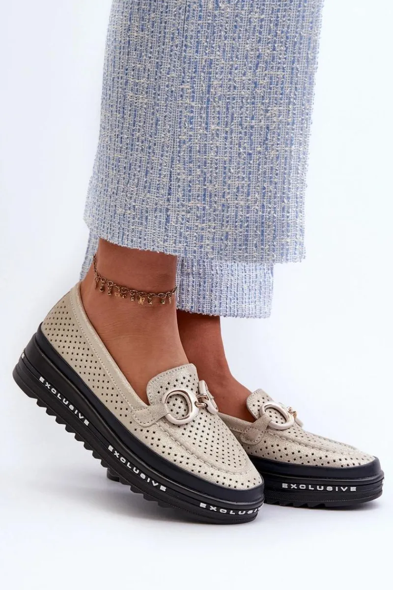 Outlet Damskie buty S.Barski Skórzane Błyszczące Mokasyny Damskie Na Platformie Z Ozdobą S.Barski LR750 Złote Złoty