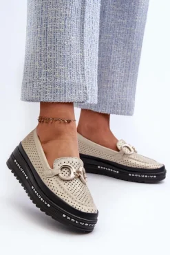 Outlet Damskie buty S.Barski Skórzane Błyszczące Mokasyny Damskie Na Platformie Z Ozdobą S.Barski LR750 Złote Złoty