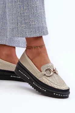 Outlet Damskie buty S.Barski Skórzane Błyszczące Mokasyny Damskie Na Platformie Z Ozdobą S.Barski LR750 Złote Złoty