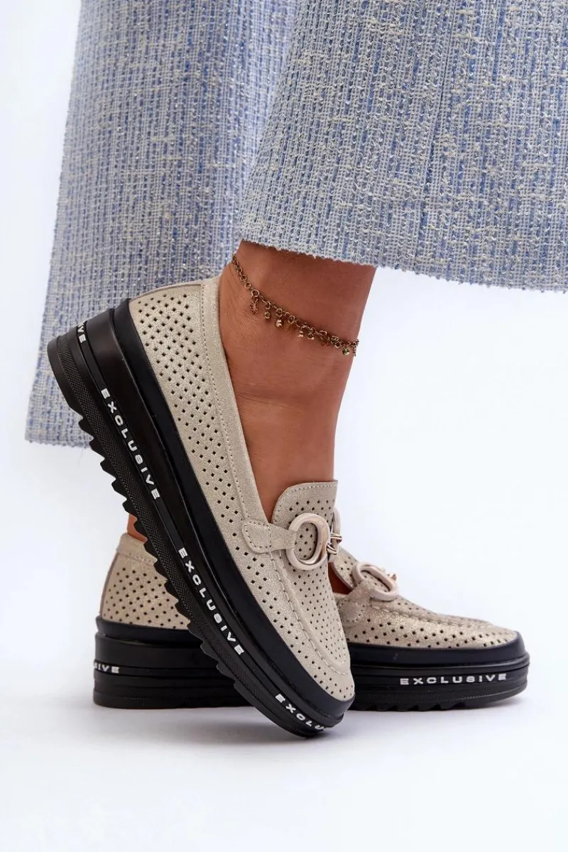 Outlet Damskie buty S.Barski Skórzane Błyszczące Mokasyny Damskie Na Platformie Z Ozdobą S.Barski LR750 Złote Złoty