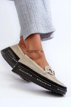 Outlet Damskie buty S.Barski Skórzane Błyszczące Mokasyny Damskie Na Platformie Z Ozdobą S.Barski LR750 Złote Złoty