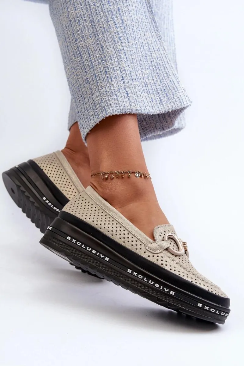 Outlet Damskie buty S.Barski Skórzane Błyszczące Mokasyny Damskie Na Platformie Z Ozdobą S.Barski LR750 Złote Złoty