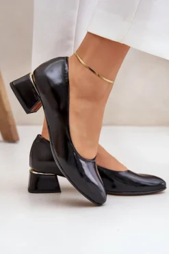 Discount Skórzane Czółenka Lewski 3118 Czarne Damskie Czółenka Na Słupku