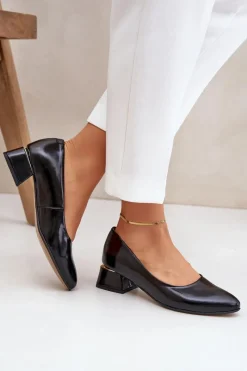 Discount Skórzane Czółenka Lewski 3118 Czarne Damskie Czółenka Na Słupku