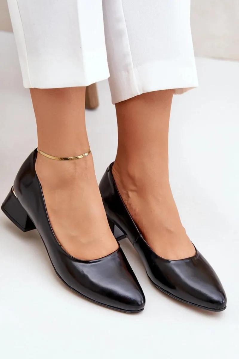 Discount Skórzane Czółenka Lewski 3118 Czarne Damskie Czółenka Na Słupku