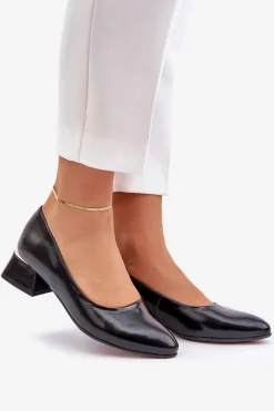 Discount Skórzane Czółenka Lewski 3118 Czarne Damskie Czółenka Na Słupku