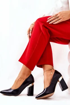 Skórzane Czółenka Lewski 3117 Czarne Damskie Czółenka Na Słupku