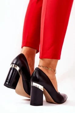 Skórzane Czółenka Lewski 3117 Czarne Damskie Czółenka Na Słupku