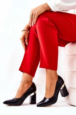 Skórzane Czółenka Lewski 3117 Czarne Damskie Czółenka Na Słupku