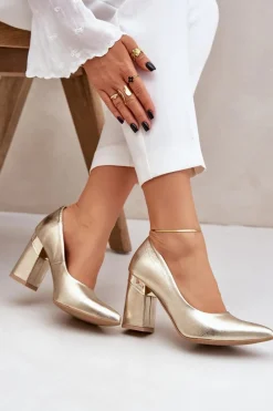 Czółenka Na Słupku|Czółenka Klasyczne>Boto Skórzane Czółenka Lewski 3117 Złote Złoty